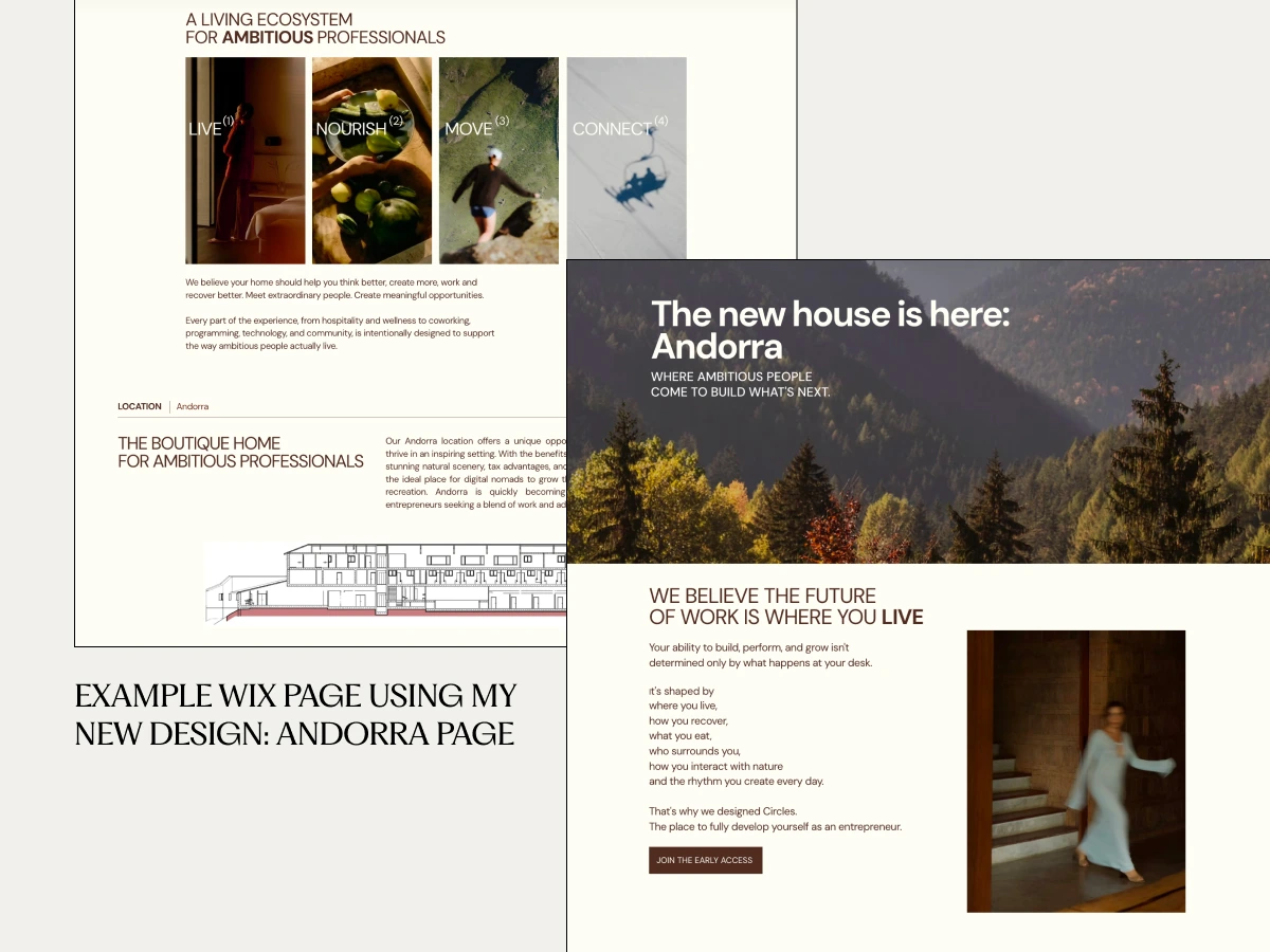 Live Circles House Andorra page on Wix, showing the redesigned location page and house announcement