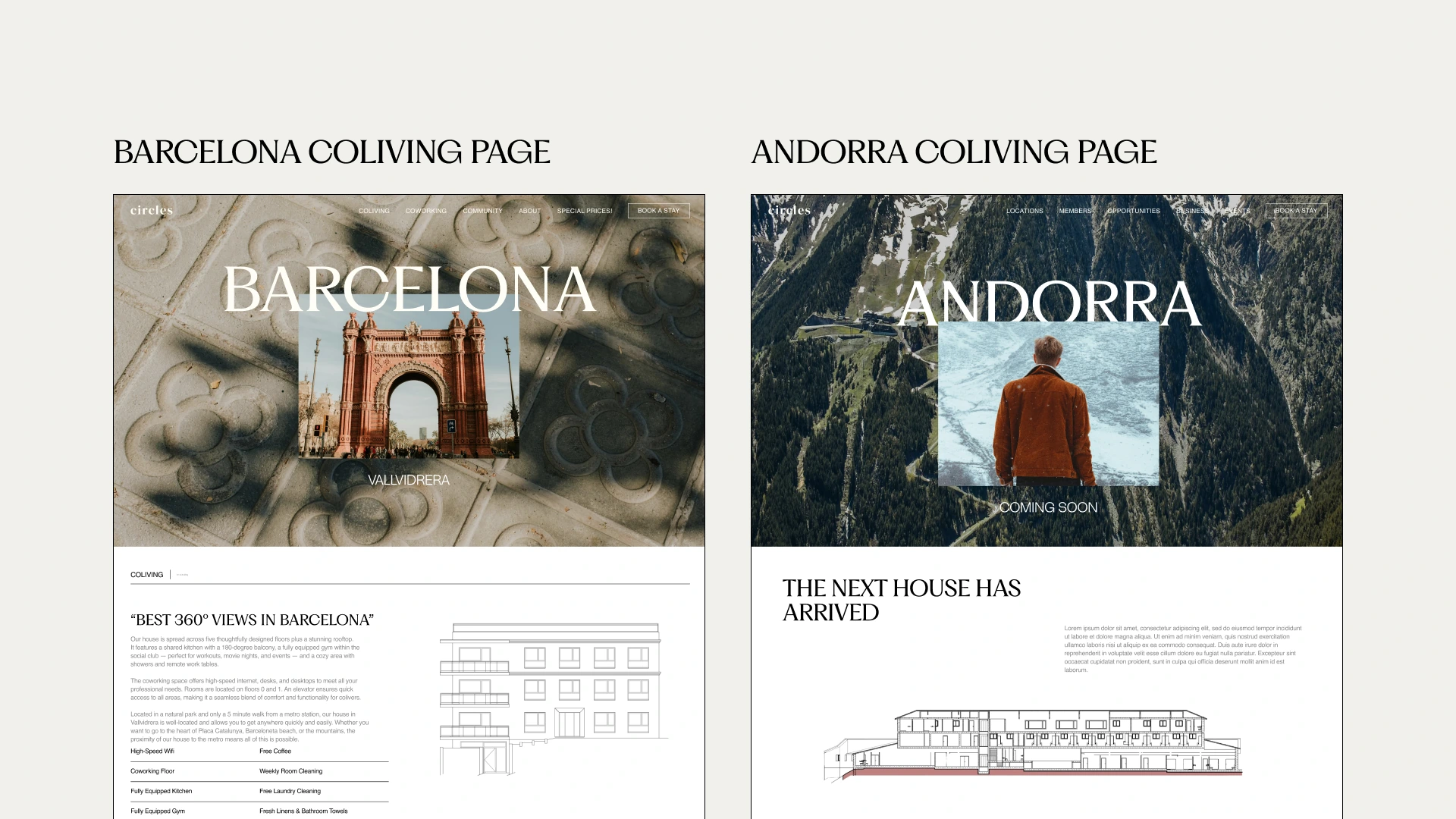 The 2 redesigned coliving pages side by side: the Barcelona page, with its Vallvidrera hero and building elevation drawing, and the Andorra page announcing the next house as coming soon.