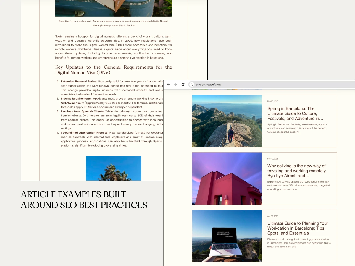 Circles House SEO article examples showing a full article and the published blog listing