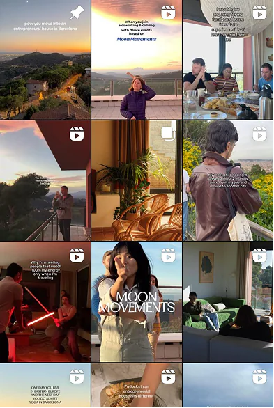 A grid of Circles House Instagram Reels showing the house, residents, Barcelona views, and the Moon Movements series.