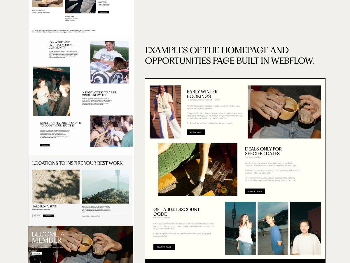 Circles House Webflow homepage and opportunities page examples