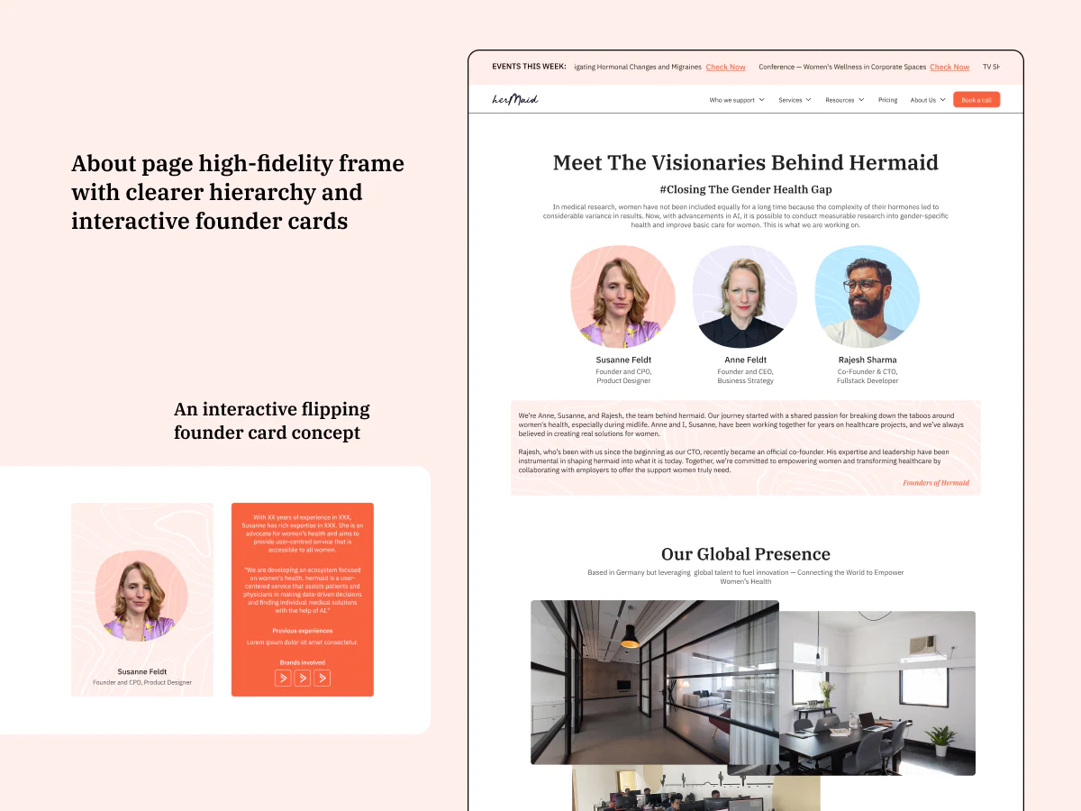 A high-fidelity frame for the hermaid About page, with a clearer hierarchy, a row of founder cards showing portraits with names and roles, and a global presence section. Beside it, a concept for an interactive flipping founder card that turns to reveal a bio.