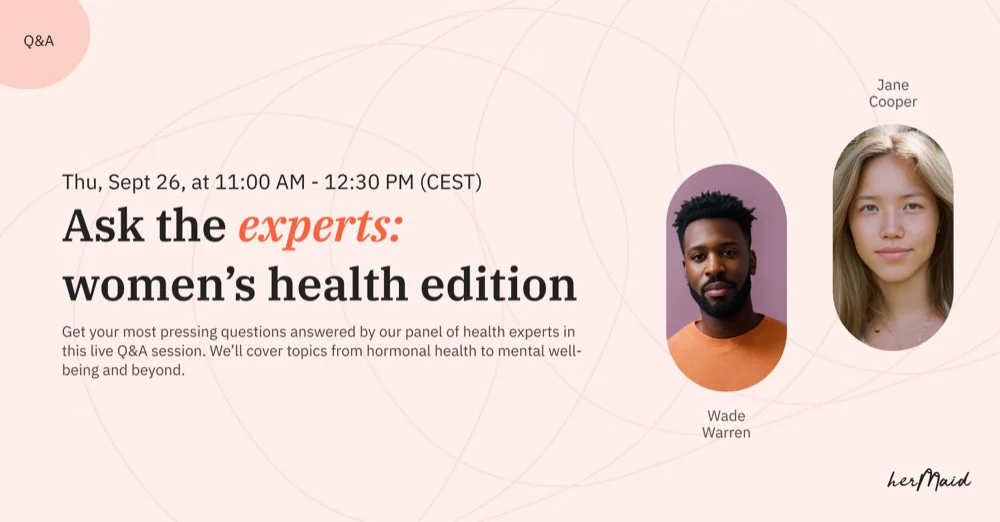 LinkedIn event cover for a live Q and A session, Ask the experts: women's health edition, with the date, a short description and 2 speaker portraits.