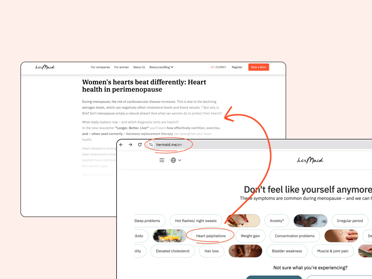 An article on heart health in perimenopause shown beside the symptom filter, where selecting Heart palpitations from the chips leads to that article.