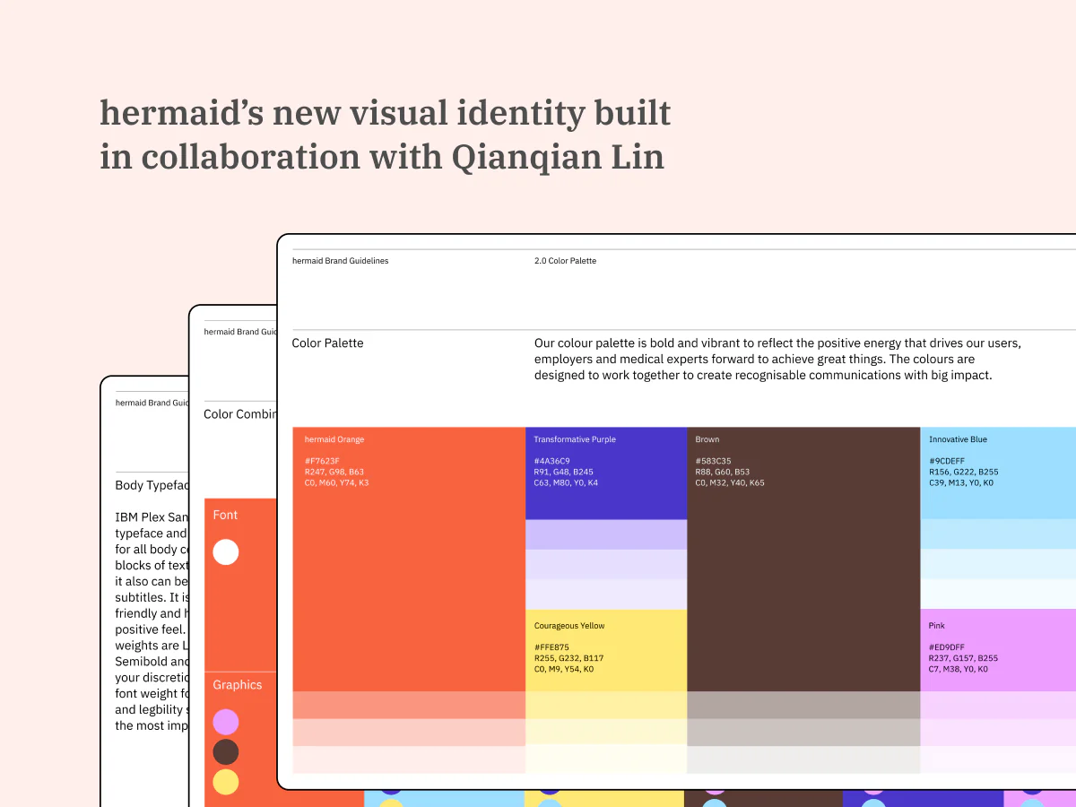 Pages from hermaid's brand guidelines, showing the colour palette with named swatches and hex values, colour combinations, and the body typeface.