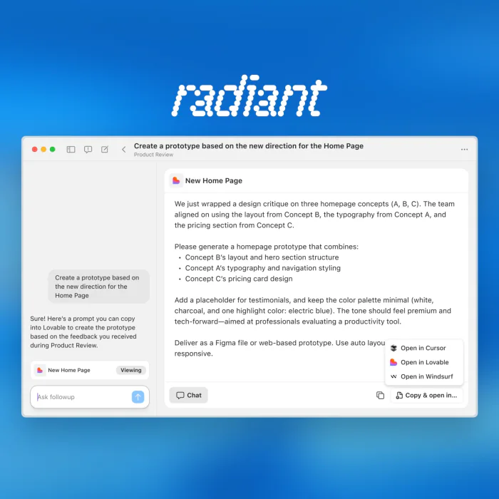 Square Google ad: A Radiant prompt creates a homepage prototype, with options to open it in Cursor, Lovable, or Windsurf.