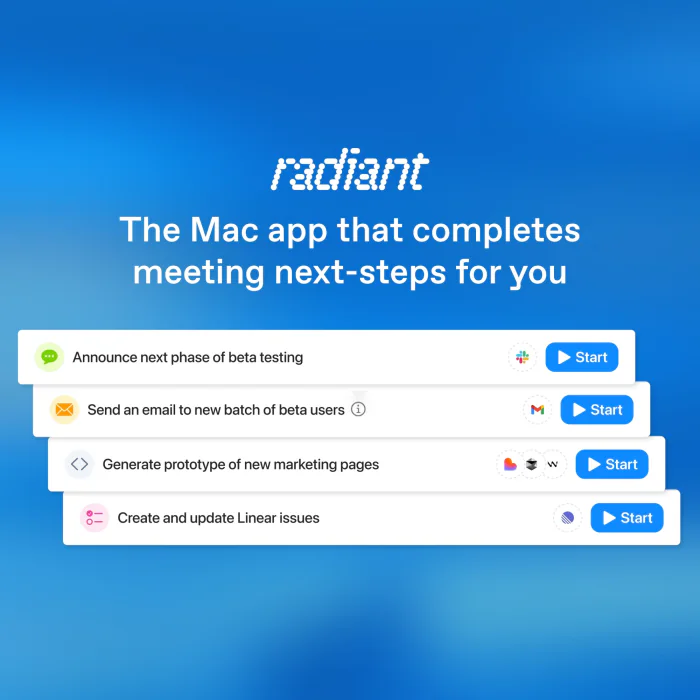 Square Google ad: The Mac app that completes meeting next steps for you, showing stacked Radiant task cards.