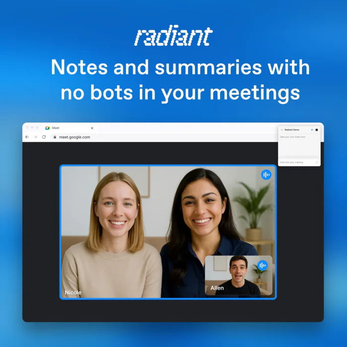 Square Google ad: Notes and summaries with no bots in your meetings, showing two people on a Google Meet call.
