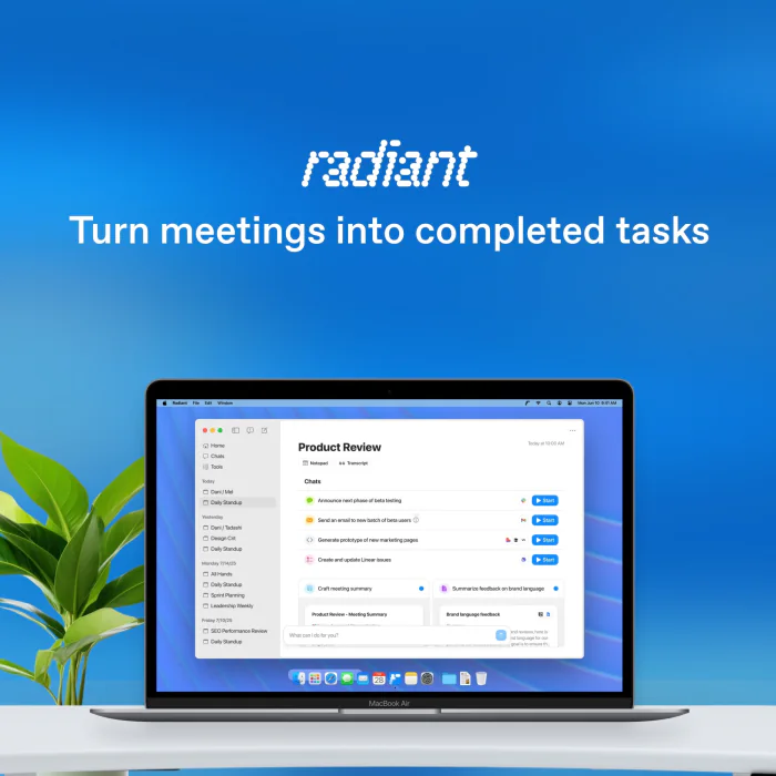 Square Google ad: Turn meetings into completed tasks, showing the Radiant app on a MacBook Air.