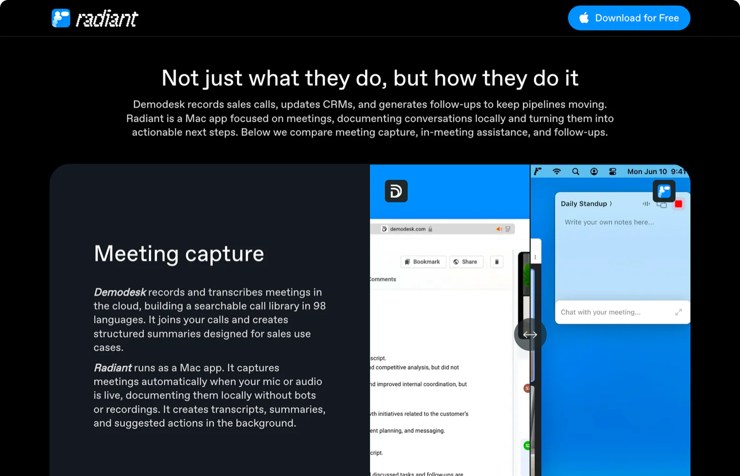 Radiant comparison page against Demodesk