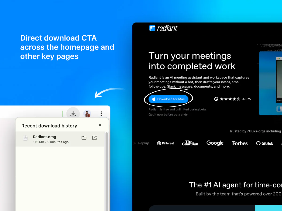 The Radiant homepage with its 'Download for Mac' CTA circled, next to a browser download-history popup showing Radiant.dmg just downloaded.