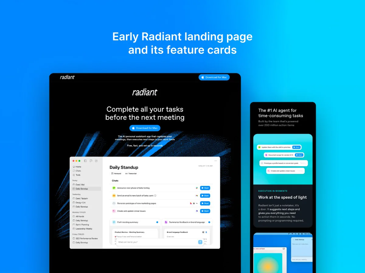 Radiant's early Framer landing page: a dark hero reading 'Complete all your tasks before the next meeting' next to a Daily Standup app mockup, with its 'AI agent for time-consuming tasks' and 'Work at the speed of light' feature cards alongside it.
