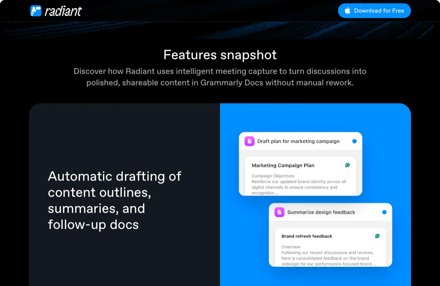 Radiant features snapshot page
