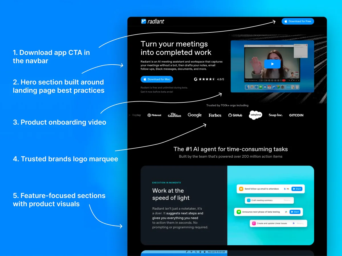 The Radiant homepage with callouts for its download CTA in the navbar, the hero section, the product onboarding video, the trusted-brands logo marquee, and the feature-focused sections below.
