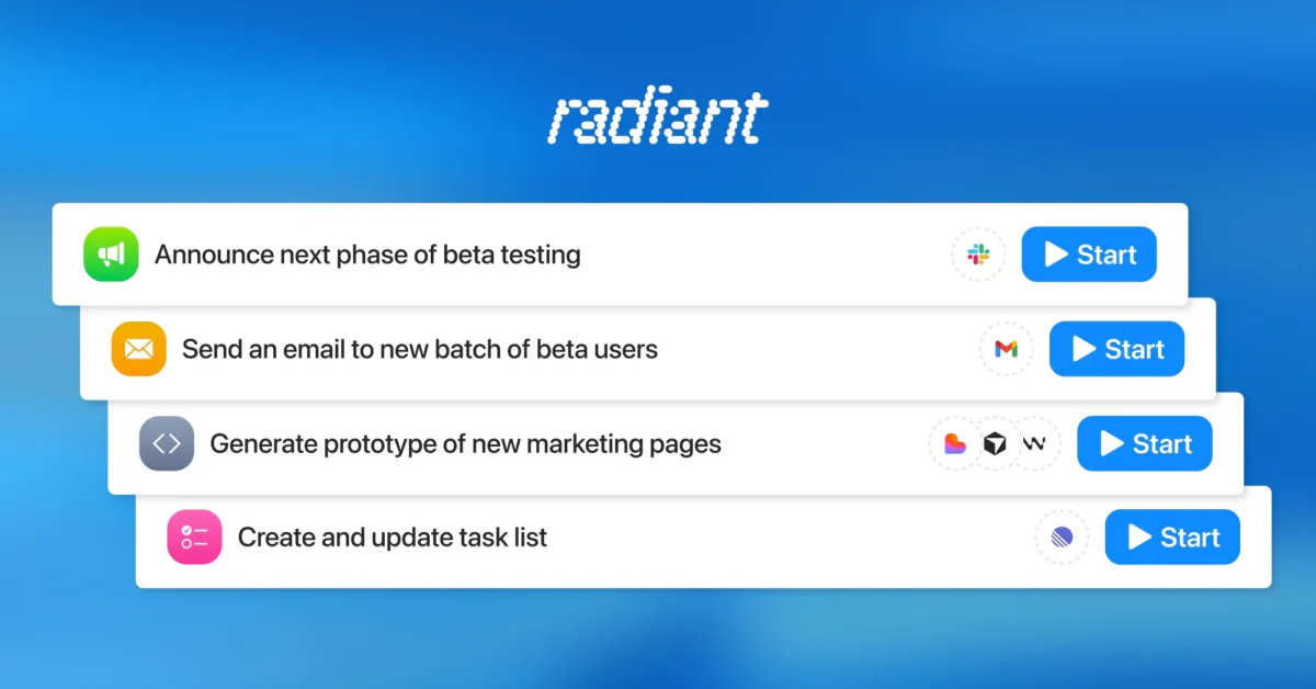 Google ad showing stacked Radiant task cards: announce beta testing, email beta users, generate prototypes, update tasks.