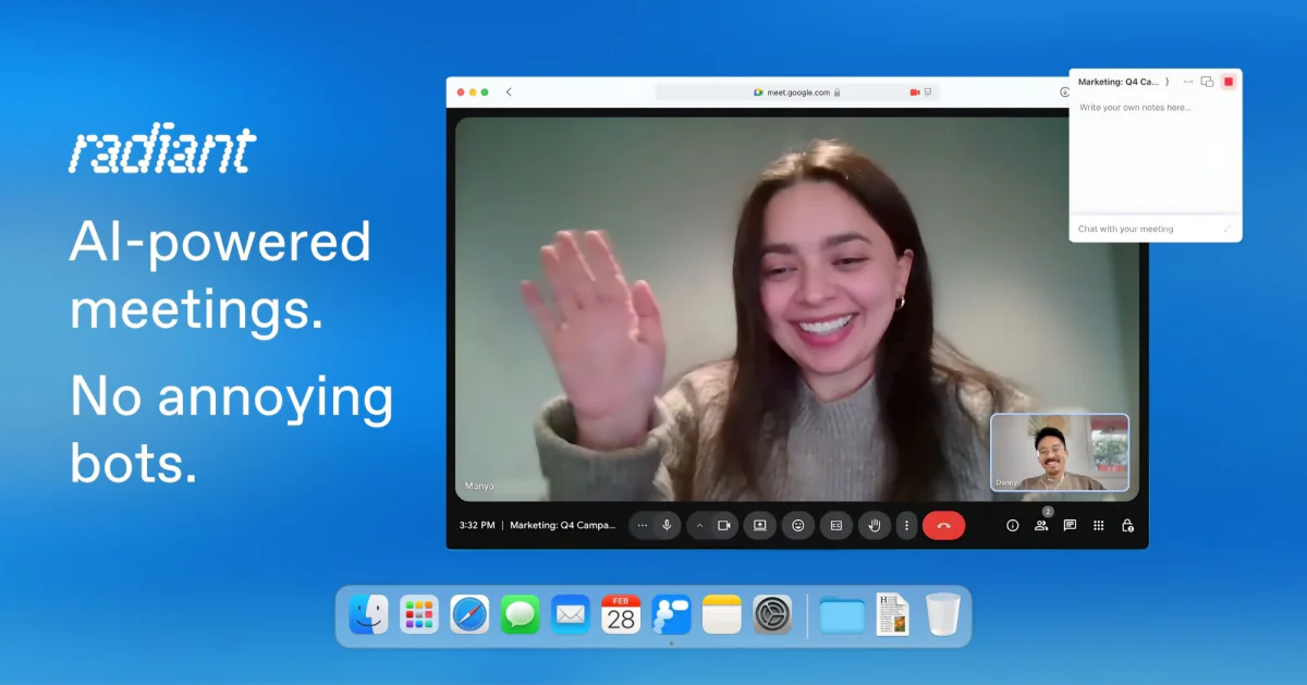 Google ad: AI-powered meetings, no annoying bots, showing the Radiant notepad floating over a video call.