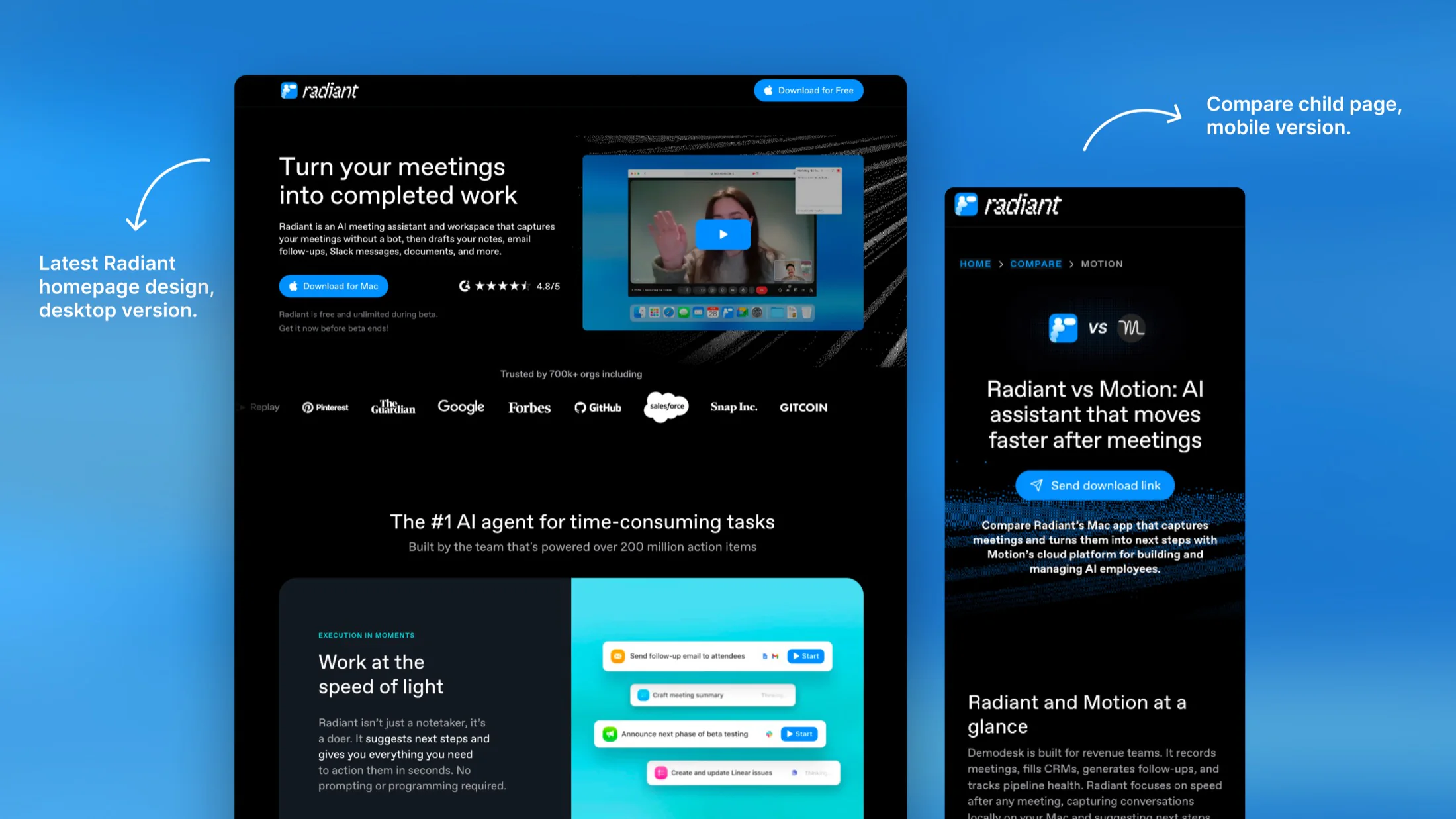 The latest Radiant homepage design on desktop next to the mobile version of a 'Radiant vs Motion' compare child page.