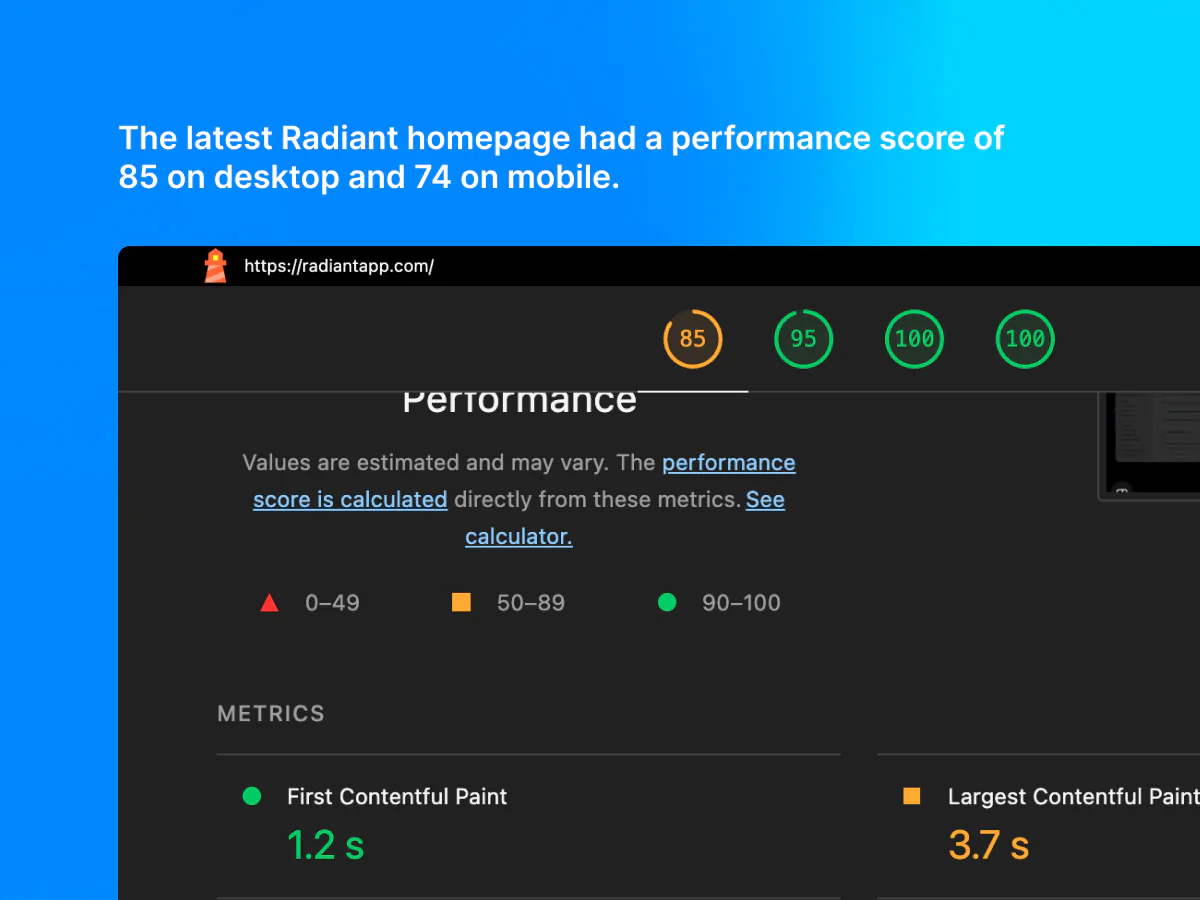 Lighthouse report for the Radiant homepage showing a desktop score of 85 for performance, 95 for accessibility, and 100 for both best practices and SEO.