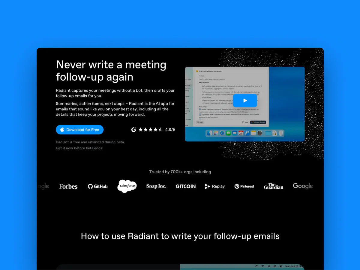 The Email follow-ups Radiant landing page: a 'Never write a meeting follow-up again' hero next to a follow-up email draft, with a Download for Free CTA.