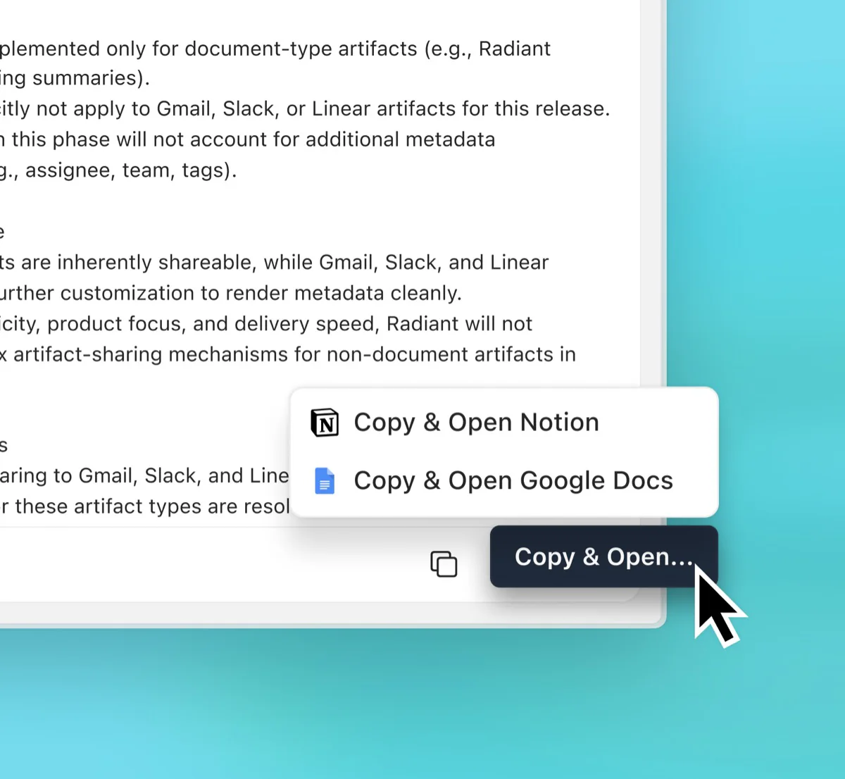 A 'Copy & Open' menu with Notion and Google Docs options for exporting a Radiant document.