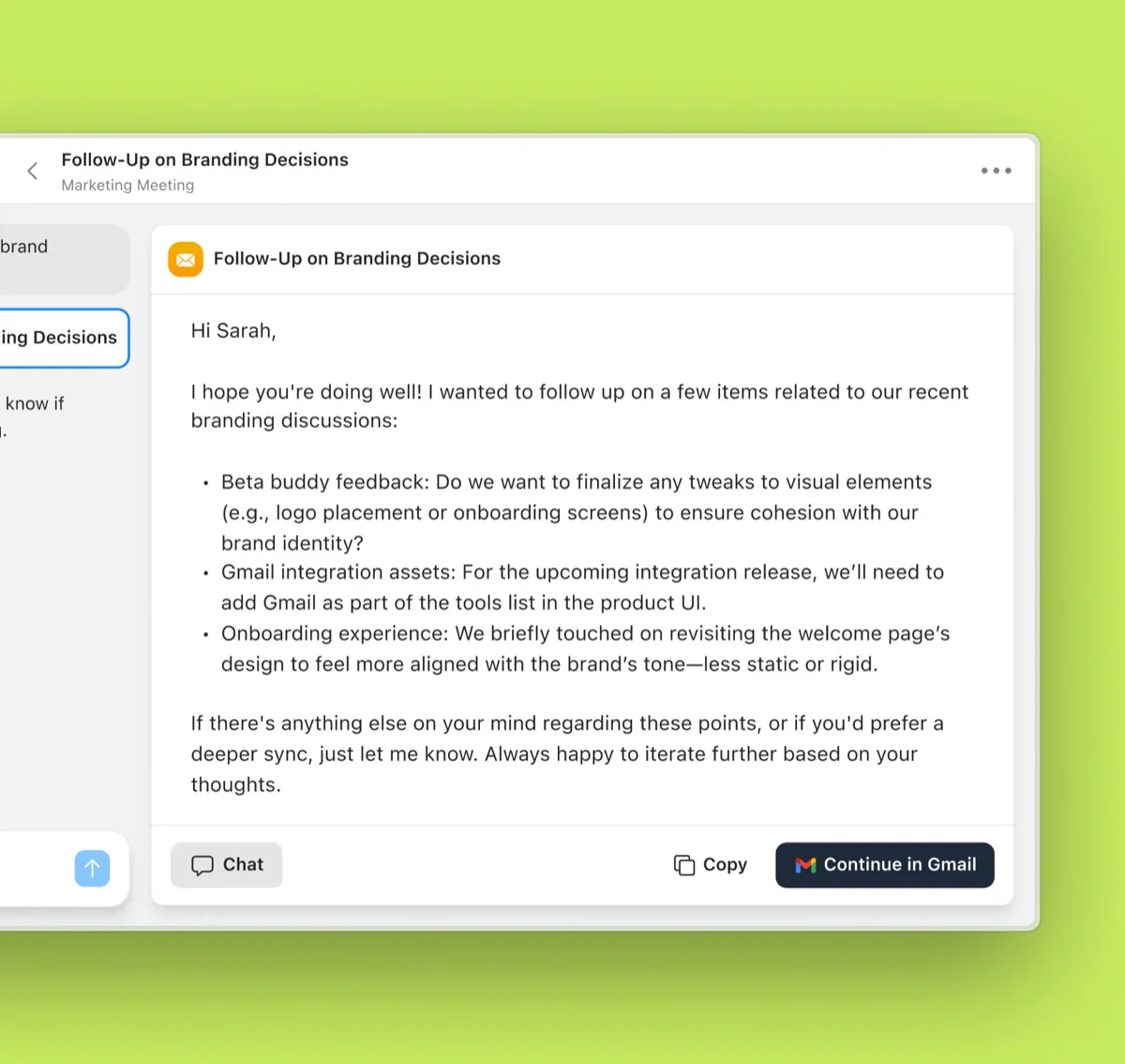 The same Radiant follow-up email feature, 'Follow-Up on Branding Decisions', shown in a wider layout.