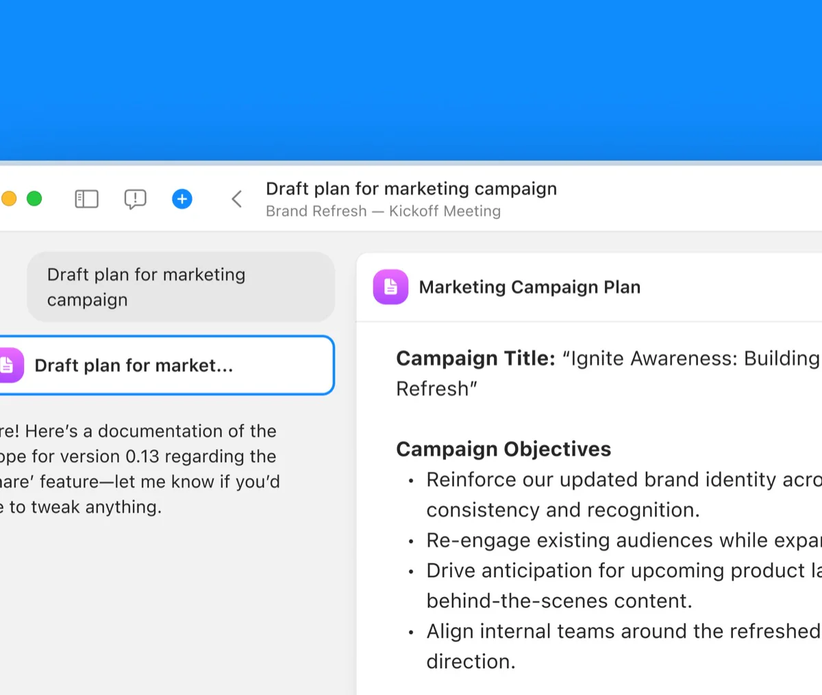 A Radiant-drafted 'Marketing Campaign Plan' document open in Google Docs, showing the campaign title and objectives.