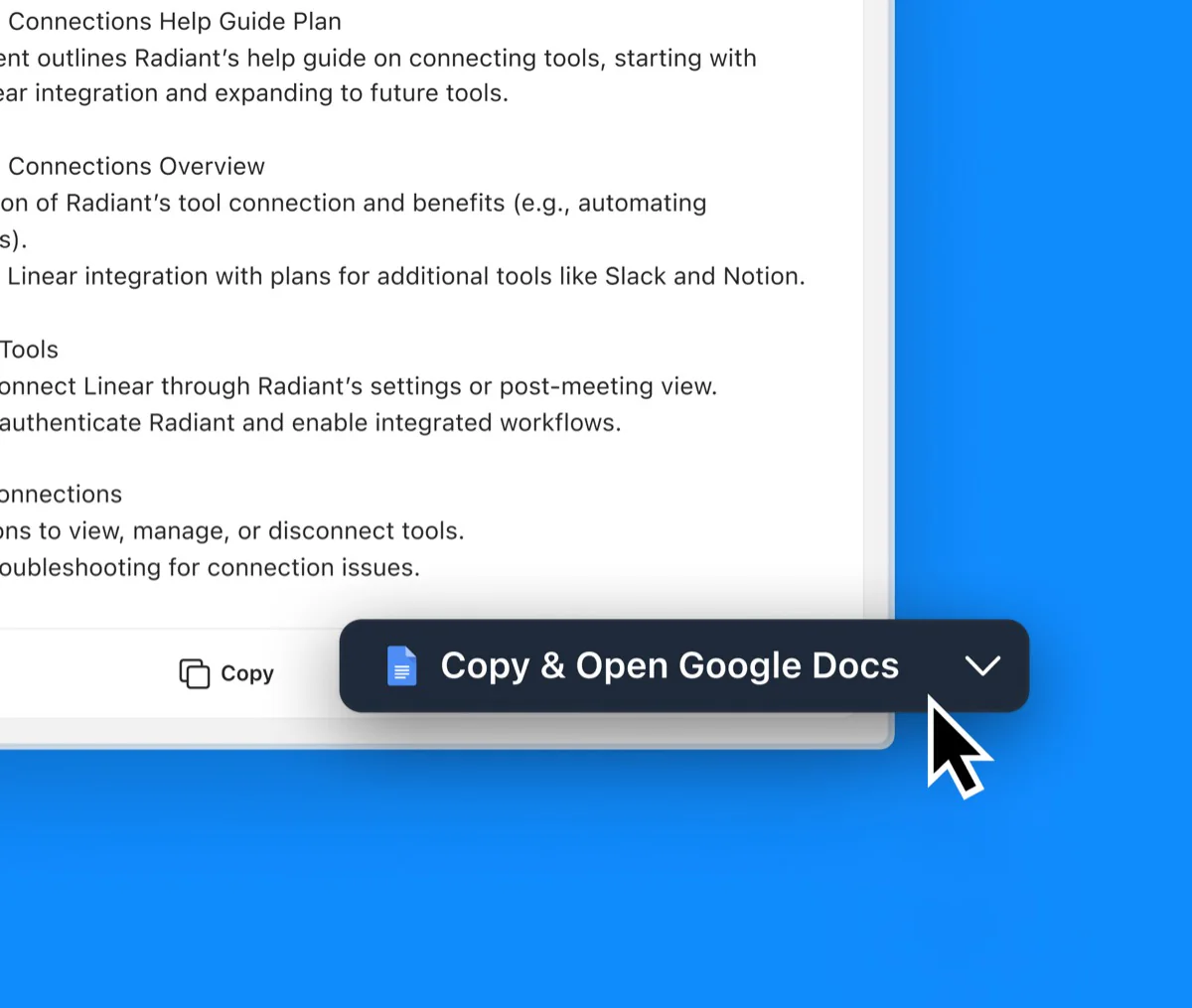 A video call with a floating Radiant notes widget recording a 'Daily Standup' meeting.
