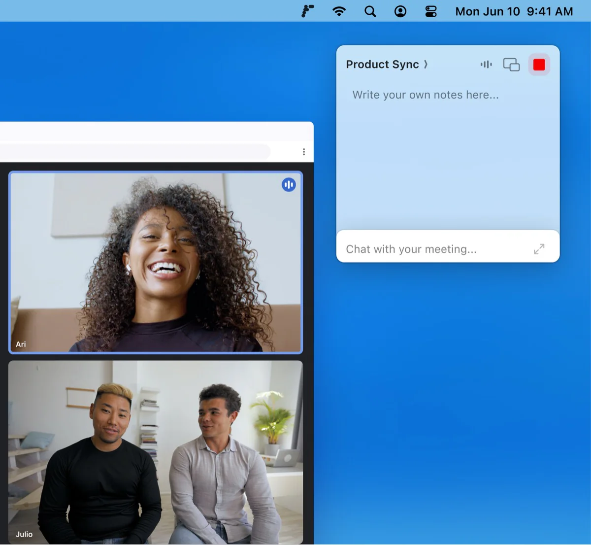 A video call with the floating Radiant notes widget recording a 'Product Sync' meeting.