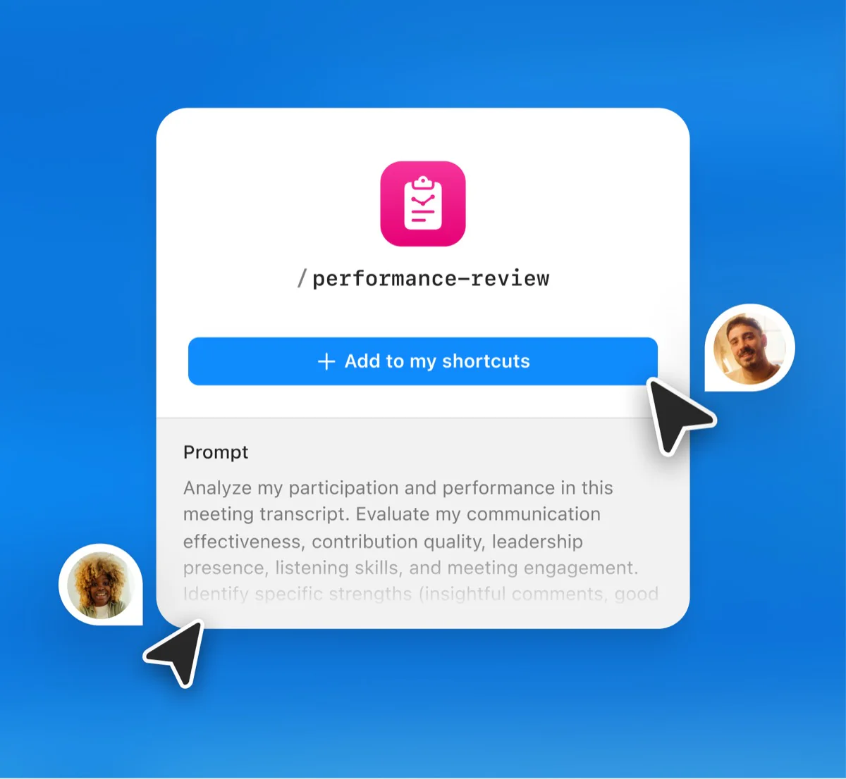 A Radiant '/performance-review' shortcut card with its prompt and an Add to my shortcuts button.