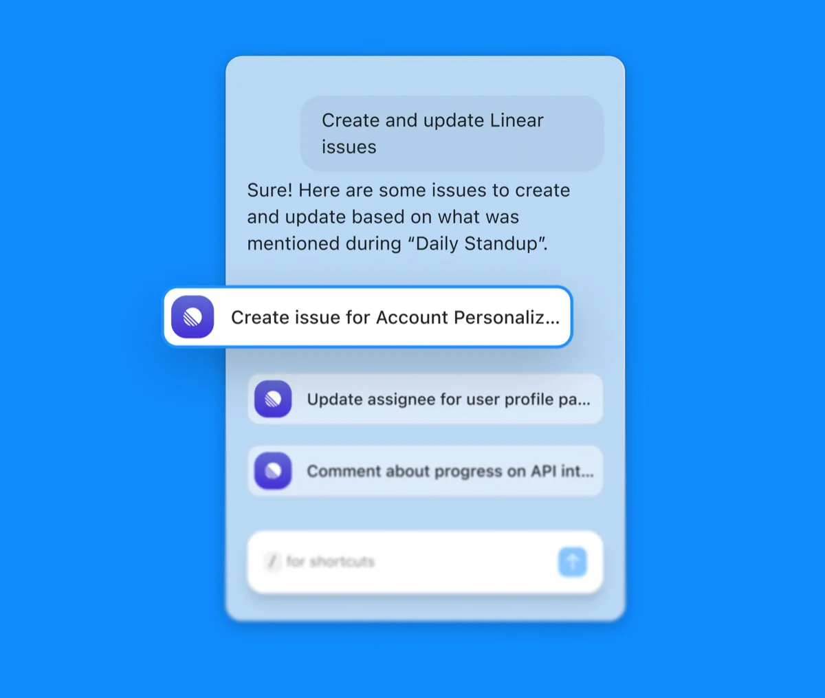 Radiant creating and updating Linear issues from a meeting, including a new issue and status updates.