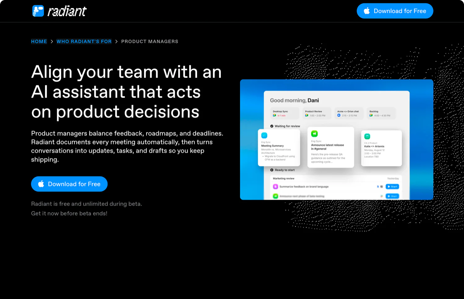 Radiant page for product managers
