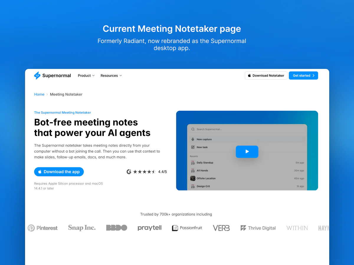 The current Supernormal Meeting Notetaker page, formerly Radiant, now rebranded as the Supernormal desktop app.