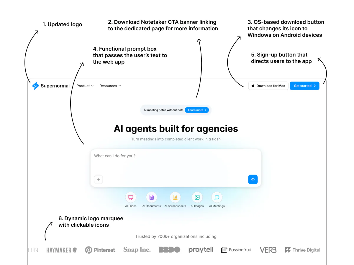 Screenshot of the rebuilt Supernormal homepage in Framer, with a cleaner hero and updated components.