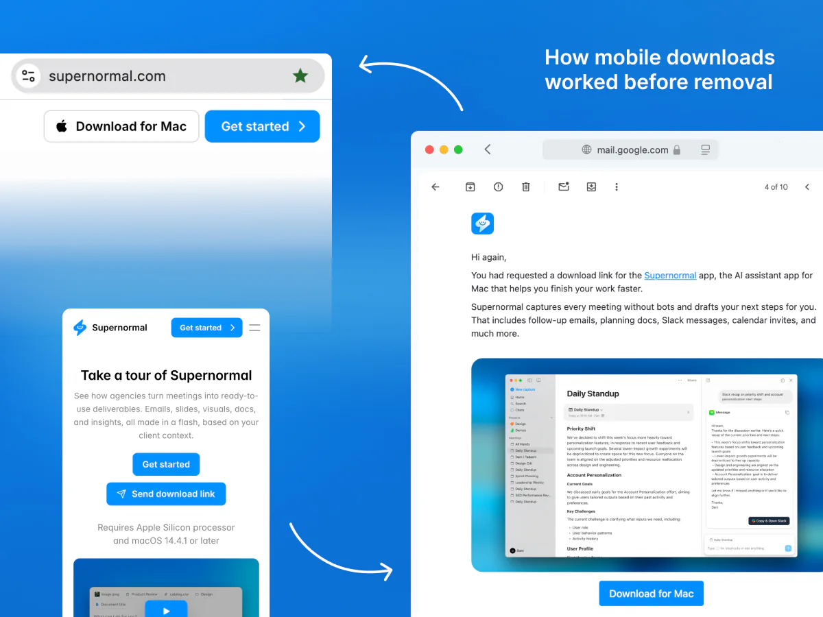 The former mobile email CTA flow: visitors requested a Mac download link on the marketing website, then received it by email.