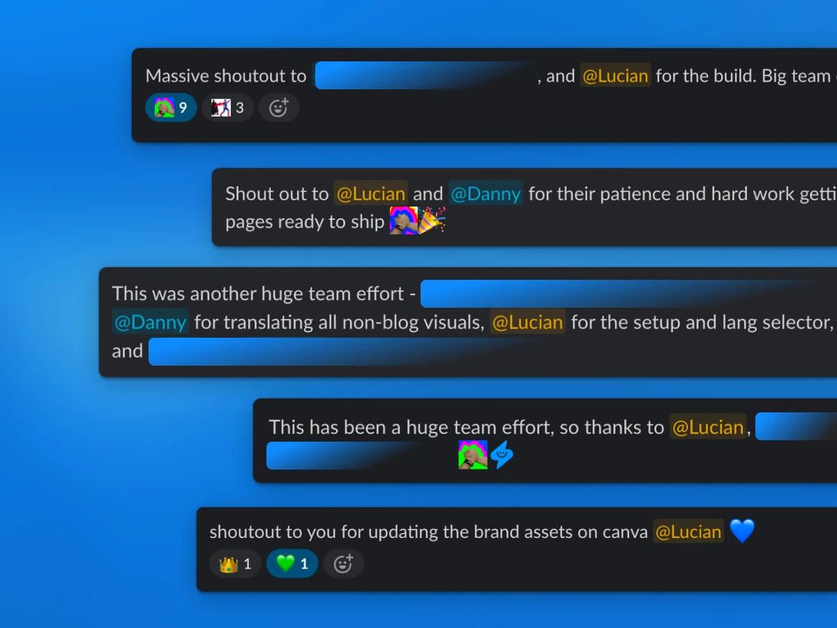 A collection of team shoutout messages recognizing Lucian and collaborators for shipping Supernormal website work.