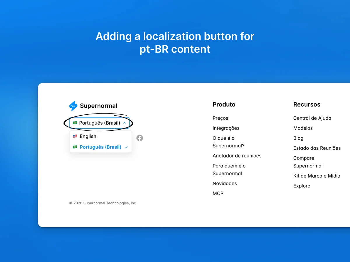 Framer canvas titled 'Adding a localization button for pt-BR content', showing the Supernormal footer with a Portuguese (Brasil) language switcher offering English and Portuguese options.