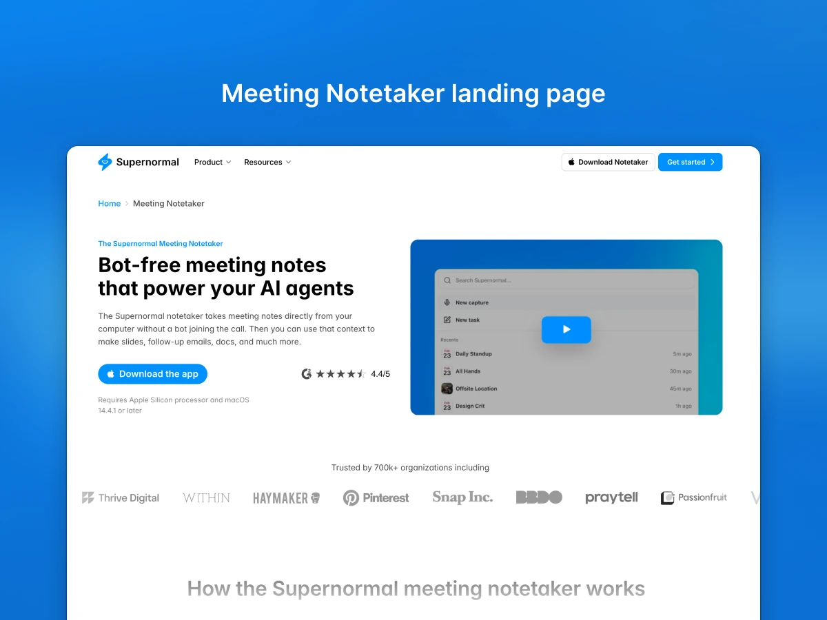 The Supernormal Meeting Notetaker landing page with its download action, product preview, and customer logo marquee.