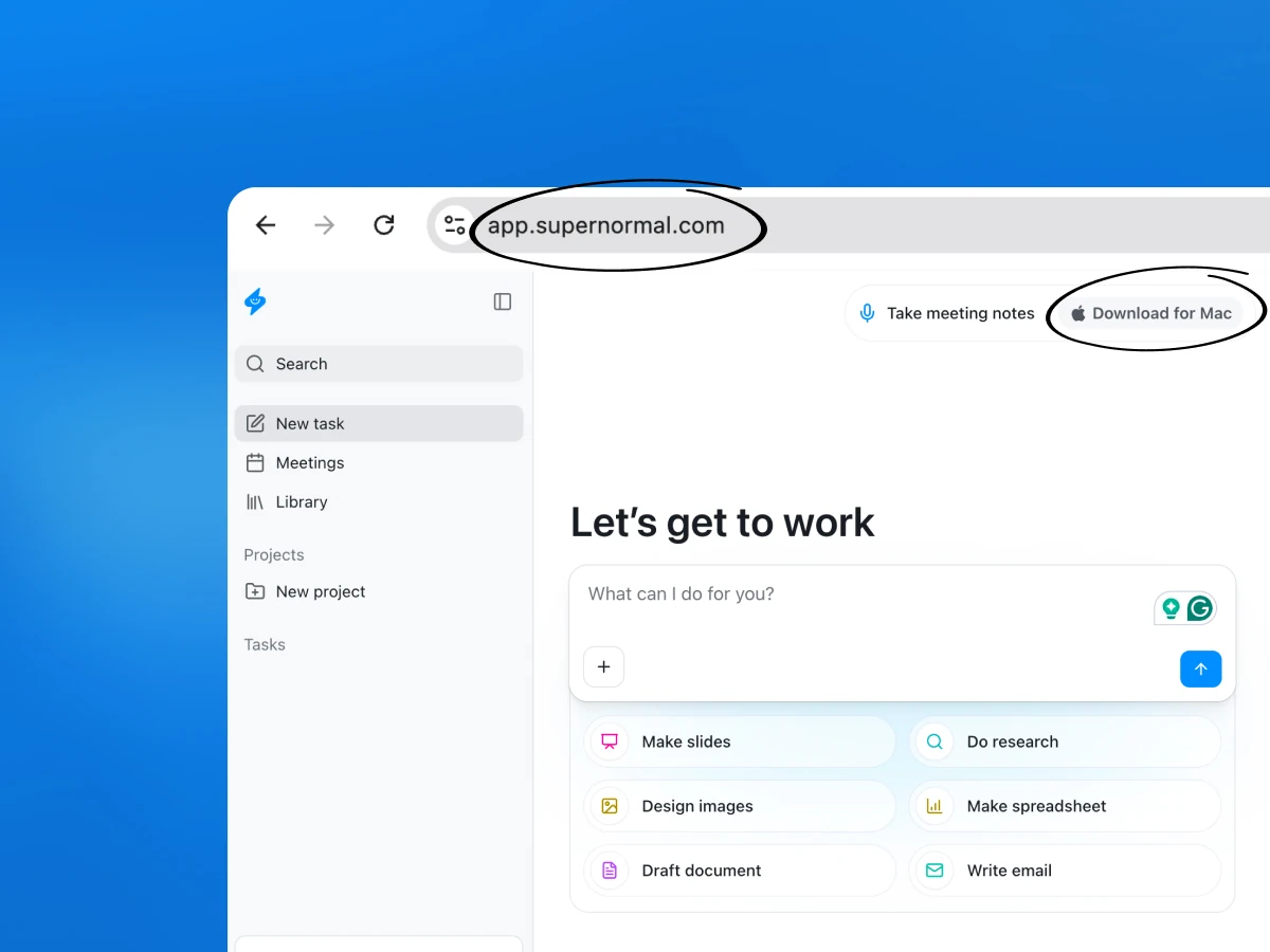 The signed-in Supernormal web app with a direct Download for Mac action in its navigation.