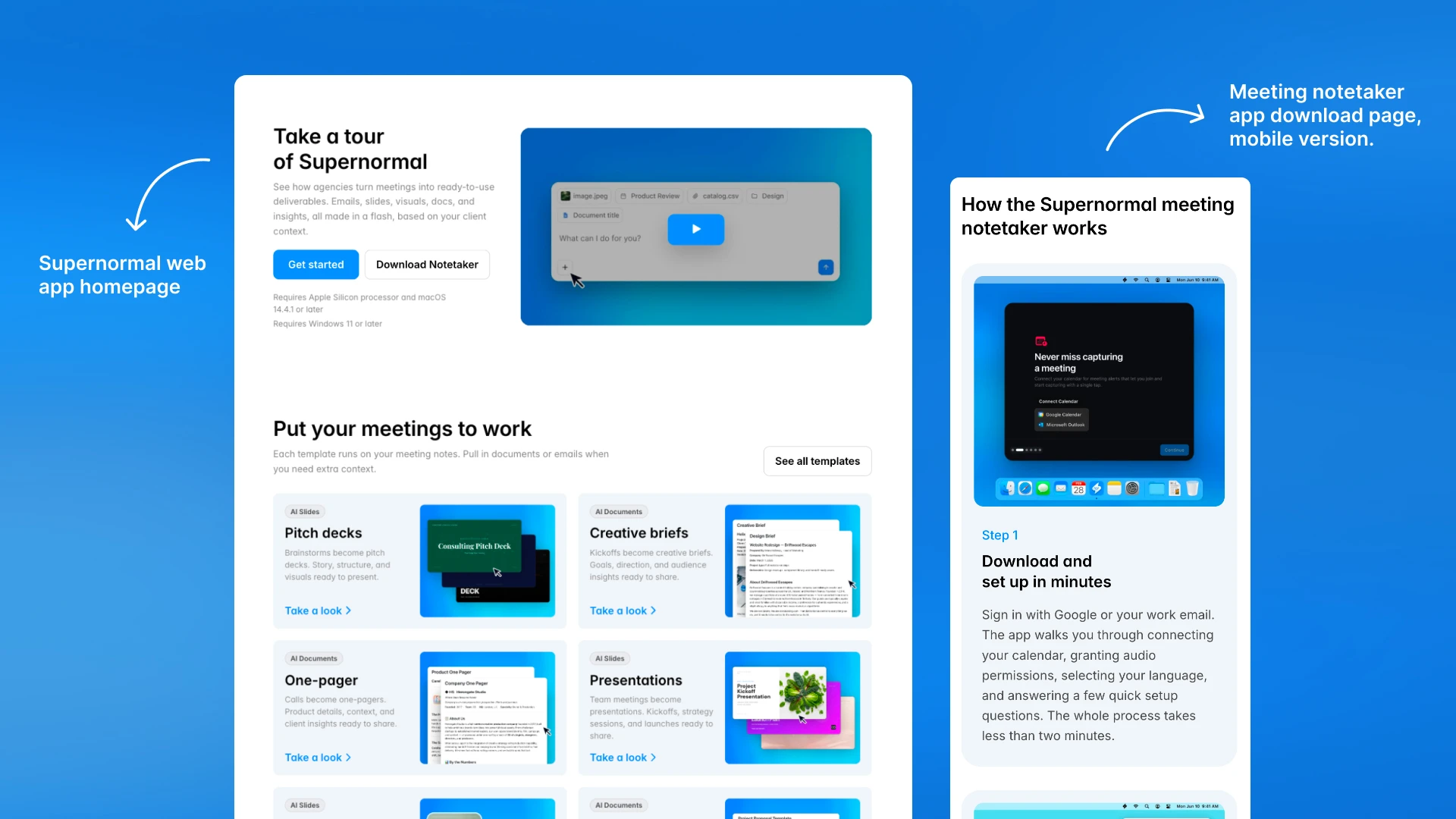 Supernormal homepage and Meeting Notetaker mobile download page